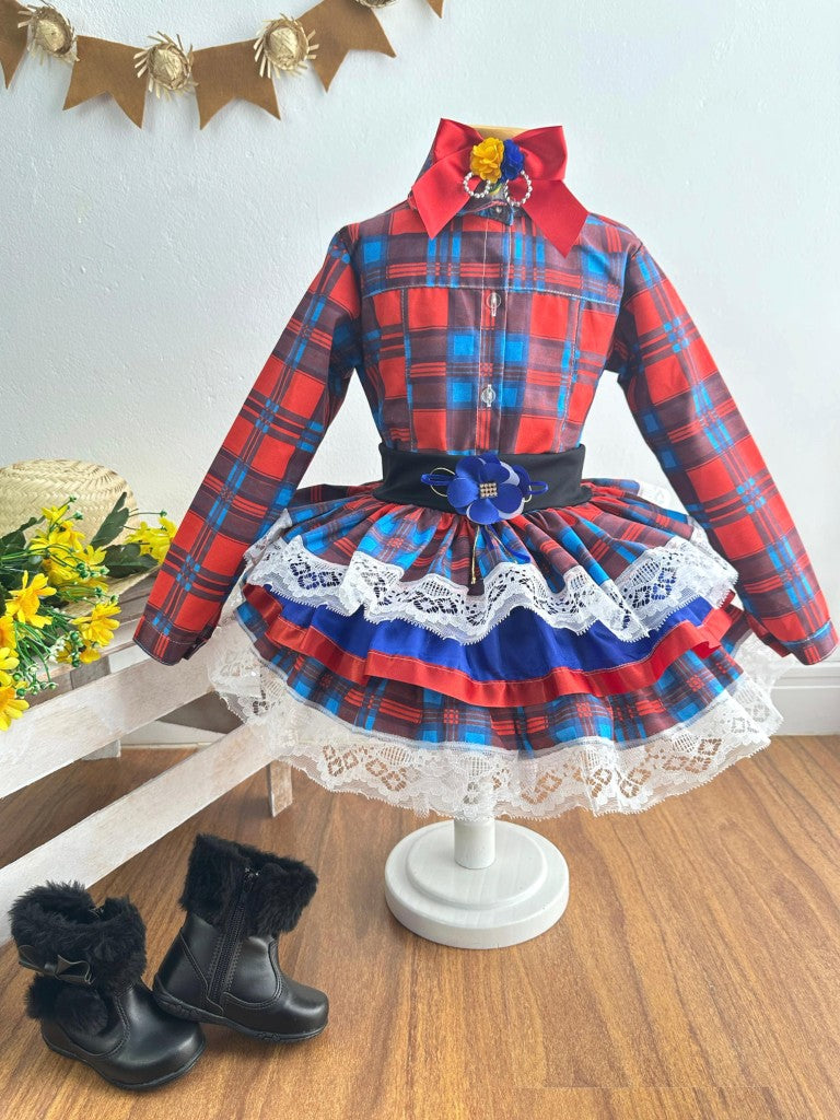 Conjunto Junino para niña, camisa roja con falda a cuadros