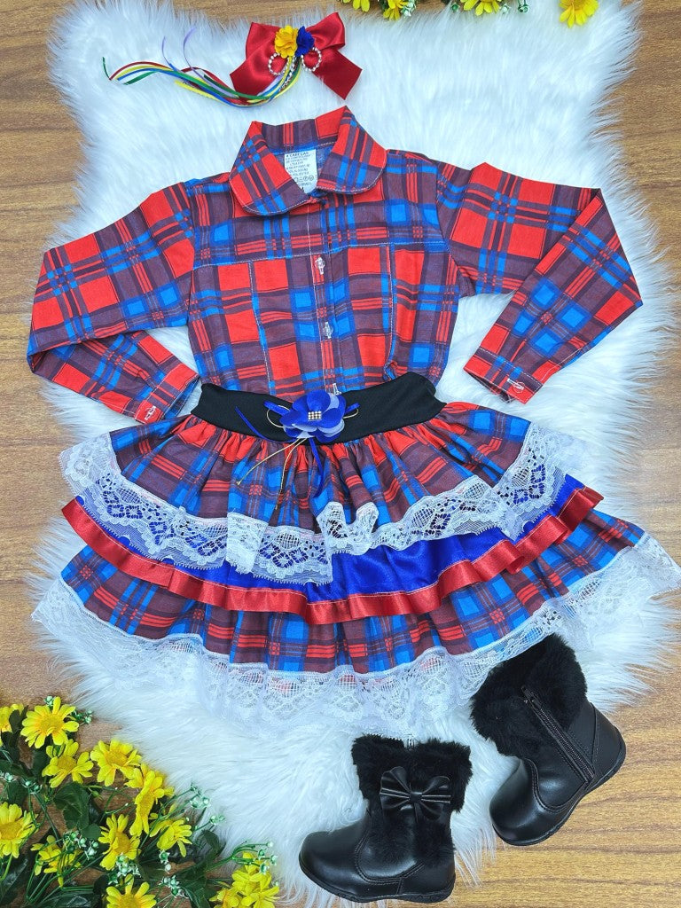 Conjunto Junino para niña, camisa roja con falda a cuadros