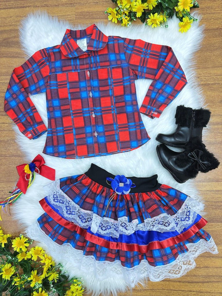 Conjunto Junino para niña, camisa roja con falda a cuadros