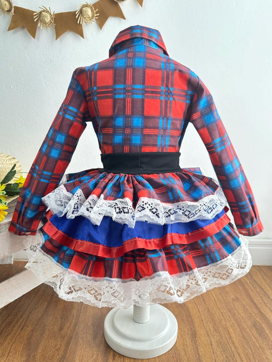 Conjunto Junino para niña, camisa roja con falda a cuadros