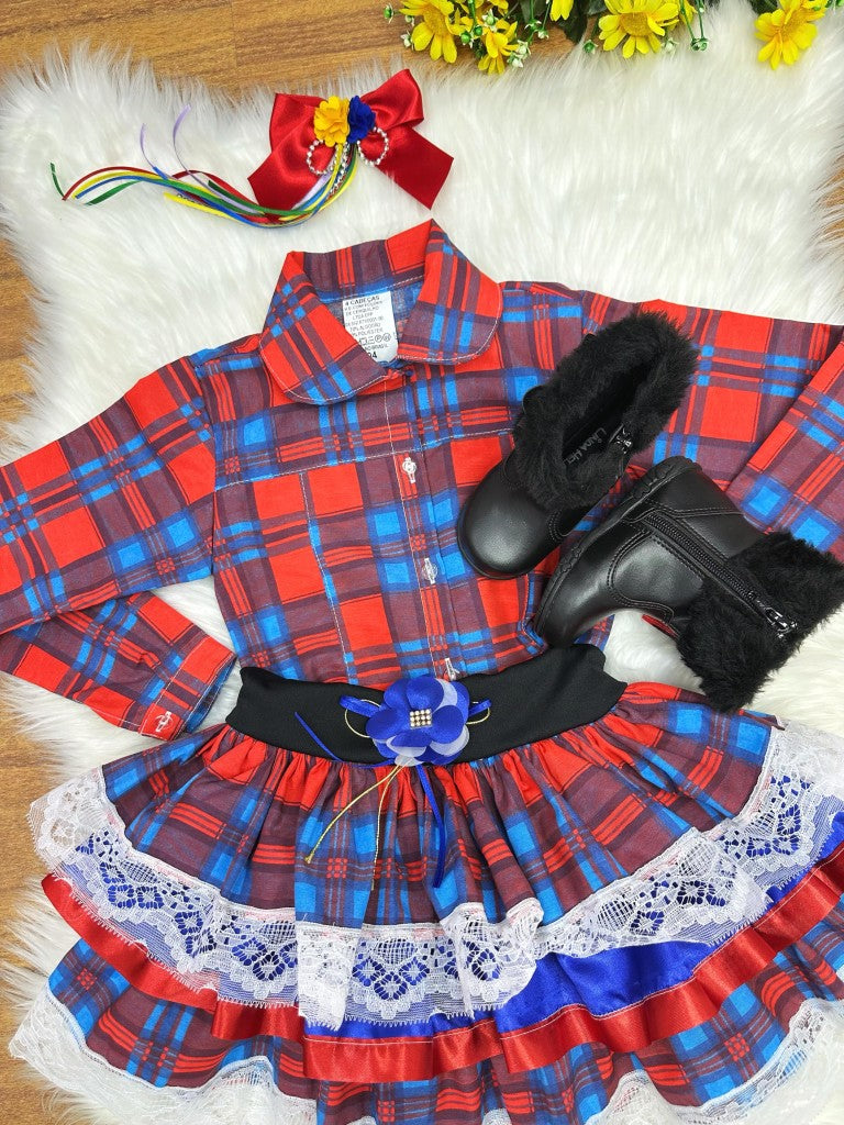Conjunto Junino para niña, camisa roja con falda a cuadros