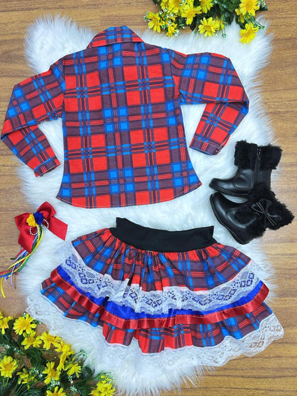 Conjunto Junino para niña, camisa roja con falda a cuadros