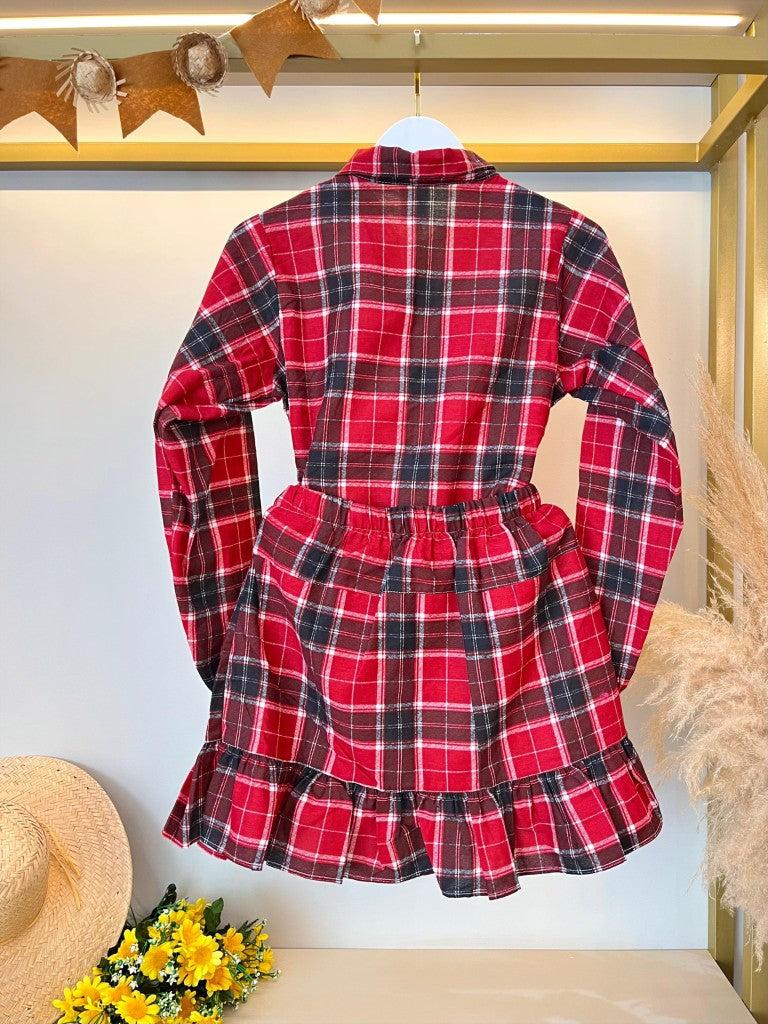 Conjunto de franela para adulto, camisa Junino y falda a cuadros, color rojo y colorido