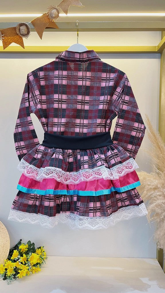 Conjunto de lujo Junino para adulto, camisa y falda a cuadros en colores Marsala