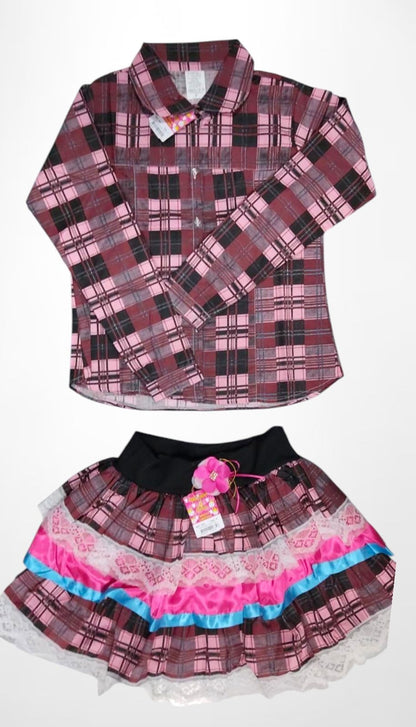 Conjunto de lujo Junino para adulto, camisa y falda a cuadros en colores Marsala