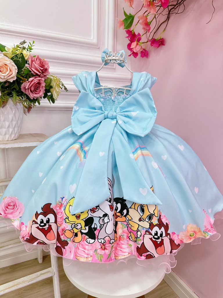 Vestido Infantil Baby Looney Tunes Azul Claro C/ Laço Festas