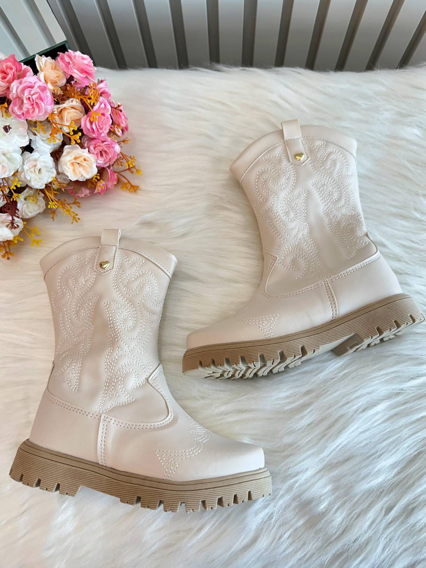 Botas Boiadeira Texanas para Niños en Blanco Roto con Cremallera de Lujo 