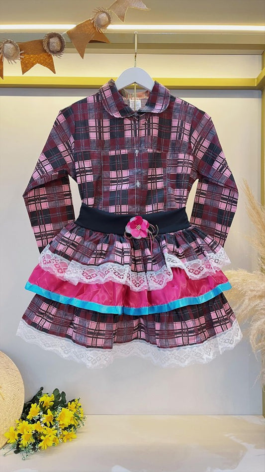 Conjunto de lujo Junino para adulto, camisa y falda a cuadros en colores Marsala