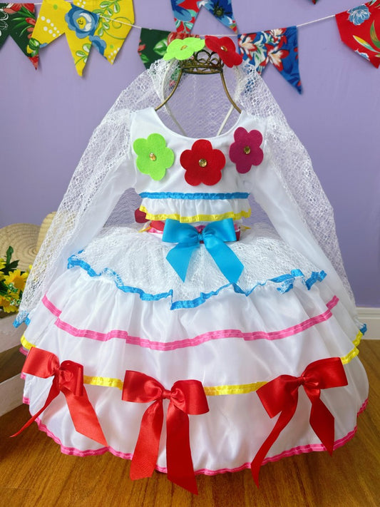 Disfraz infantil Junino Arraiá Fiestas Novia con Tiara y Velo 
