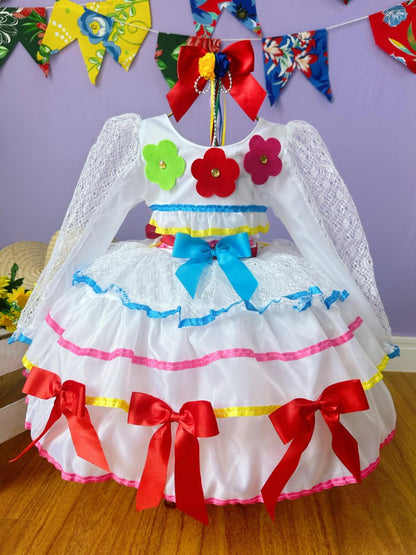 Disfraz infantil Junino Arraiá Fiestas Novia con Tiara y Velo 