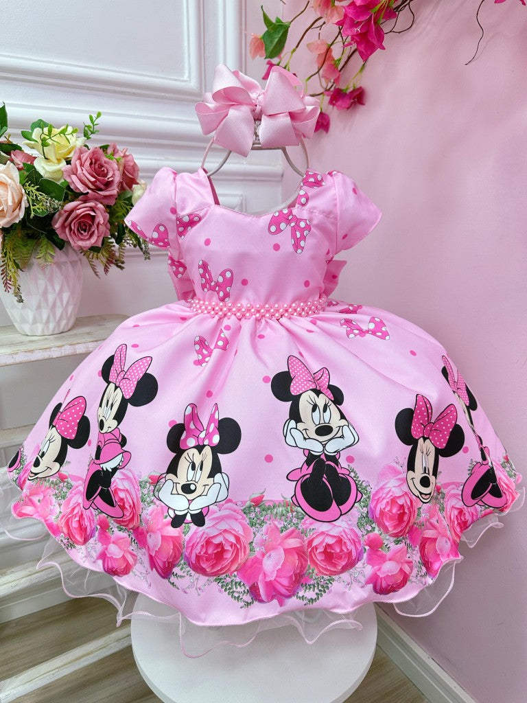 Vestido rosa de Minnie Mouse con cinturón de perlas para fiestas