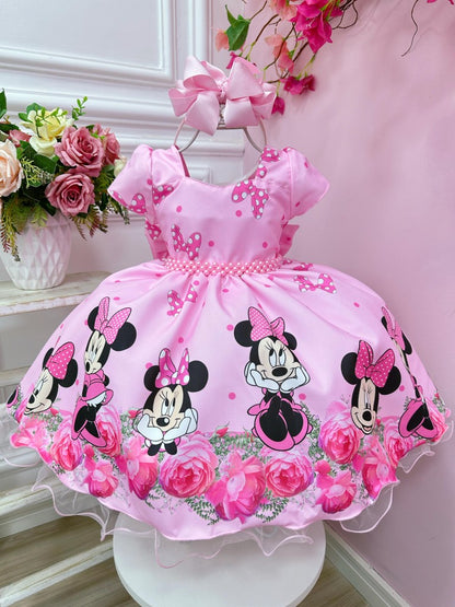 Vestido rosa de Minnie Mouse con cinturón de perlas para fiestas