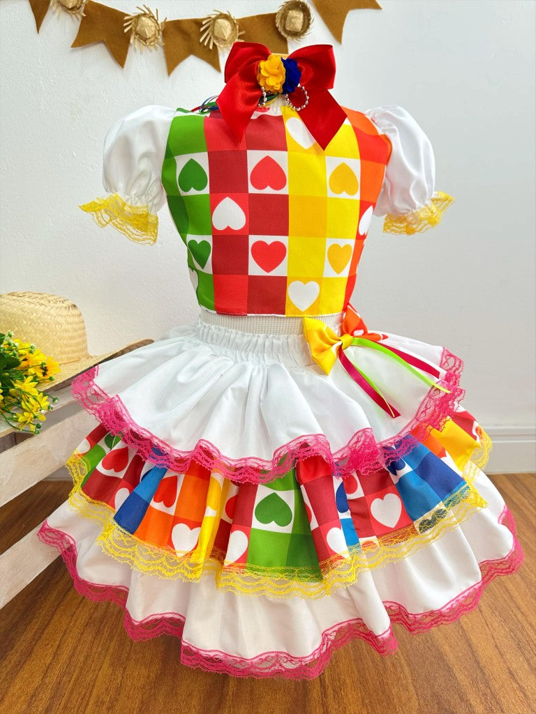Conjunto corto Junino para niña en blanco con minifalda