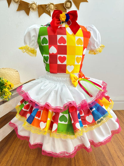 Conjunto corto Junino para niña en blanco con minifalda
