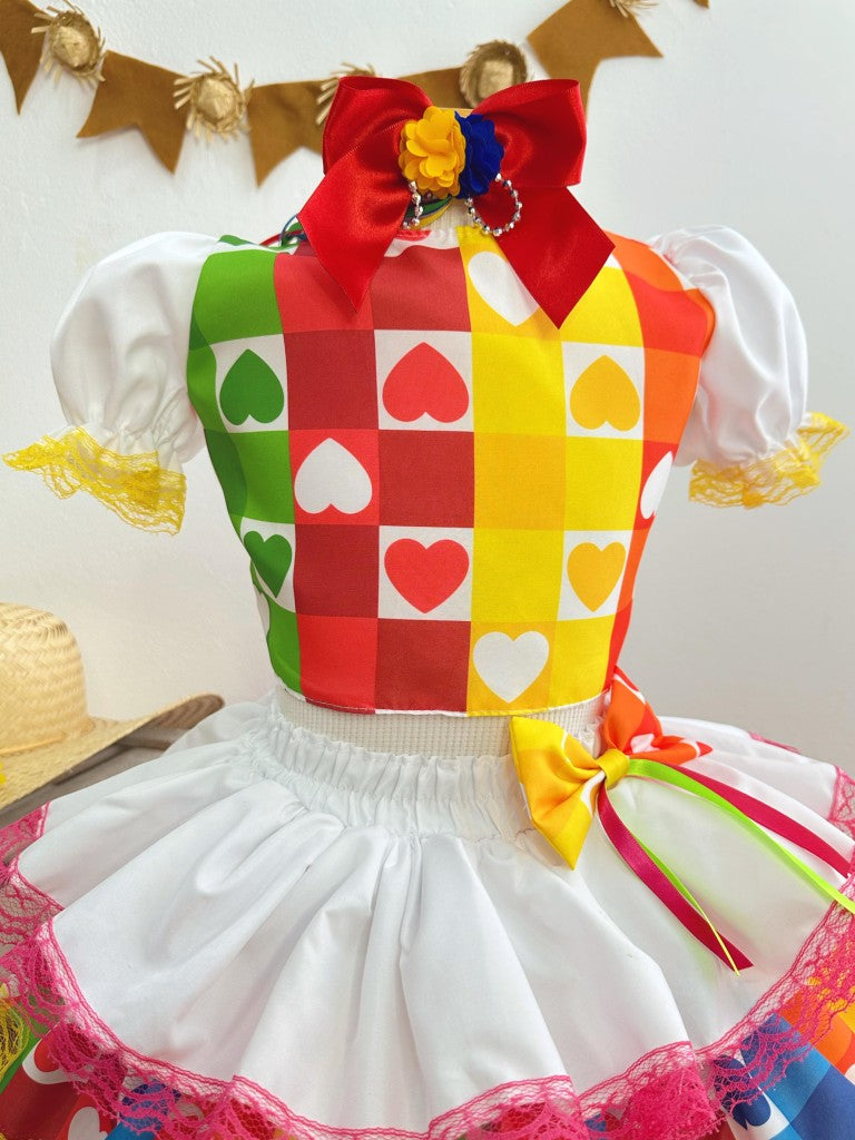 Conjunto corto Junino para niña en blanco con minifalda