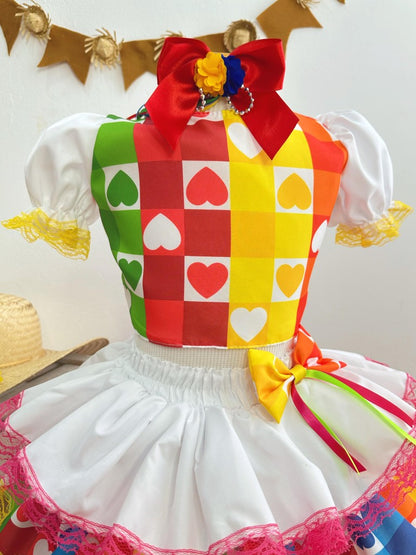 Conjunto corto Junino para niña en blanco con minifalda