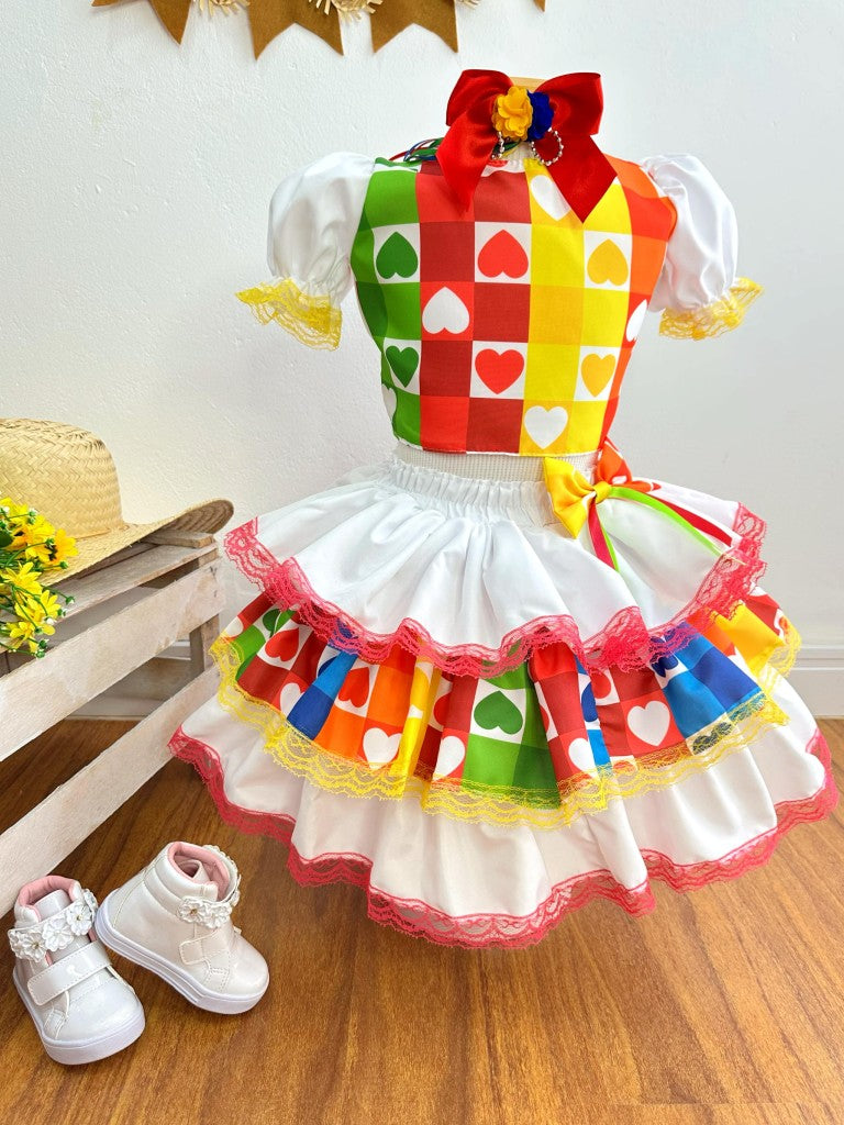 Conjunto corto Junino para niña en blanco con minifalda