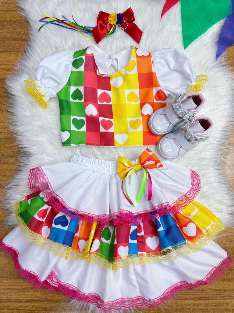 Conjunto corto Junino para niña en blanco con minifalda