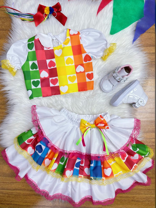Conjunto corto Junino para niña en blanco con minifalda