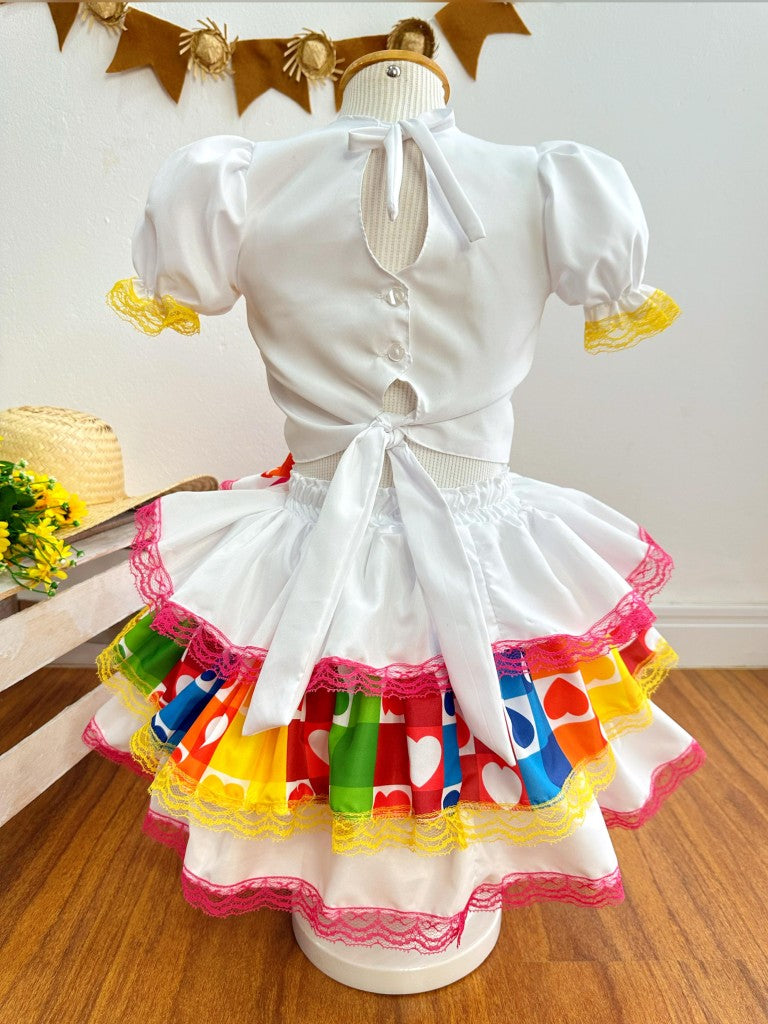 Conjunto corto Junino para niña en blanco con minifalda