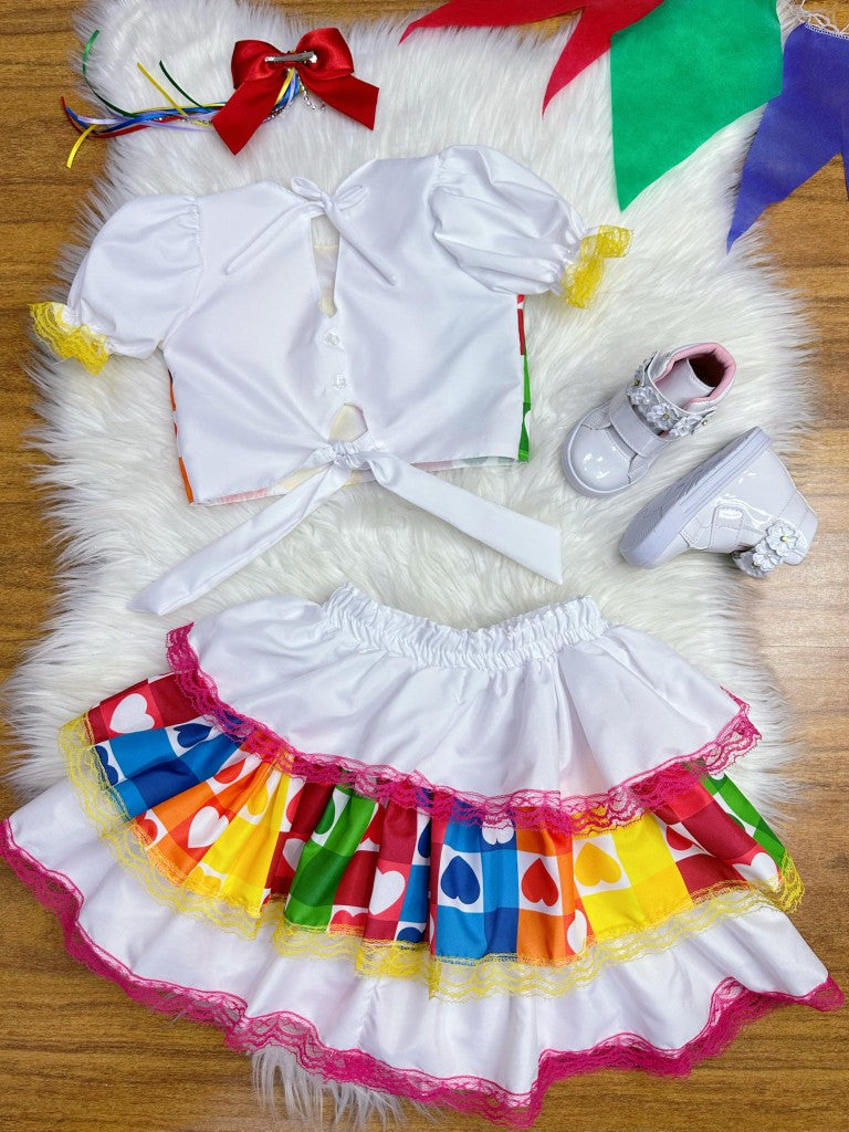 Conjunto corto Junino para niña en blanco con minifalda