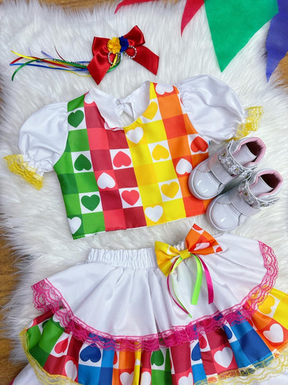 Conjunto corto Junino para niña en blanco con minifalda