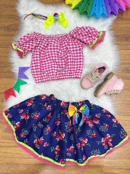 Conjunto de minifalda corta azul a cuadros rosas Junino para niña