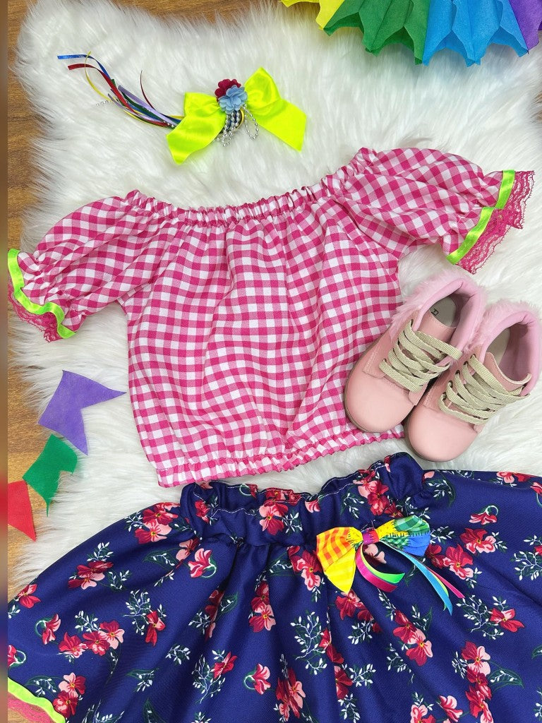 Conjunto de minifalda corta azul a cuadros rosas Junino para niña