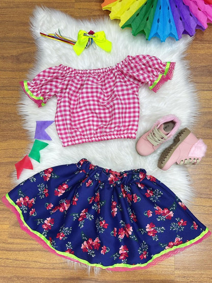 Conjunto de minifalda corta azul a cuadros rosas Junino para niña