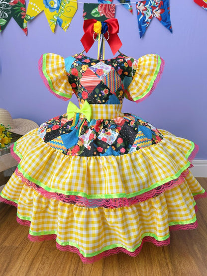 Vestido infantil de lujo Junino Arraiá con cuadros amarillos y coloridos