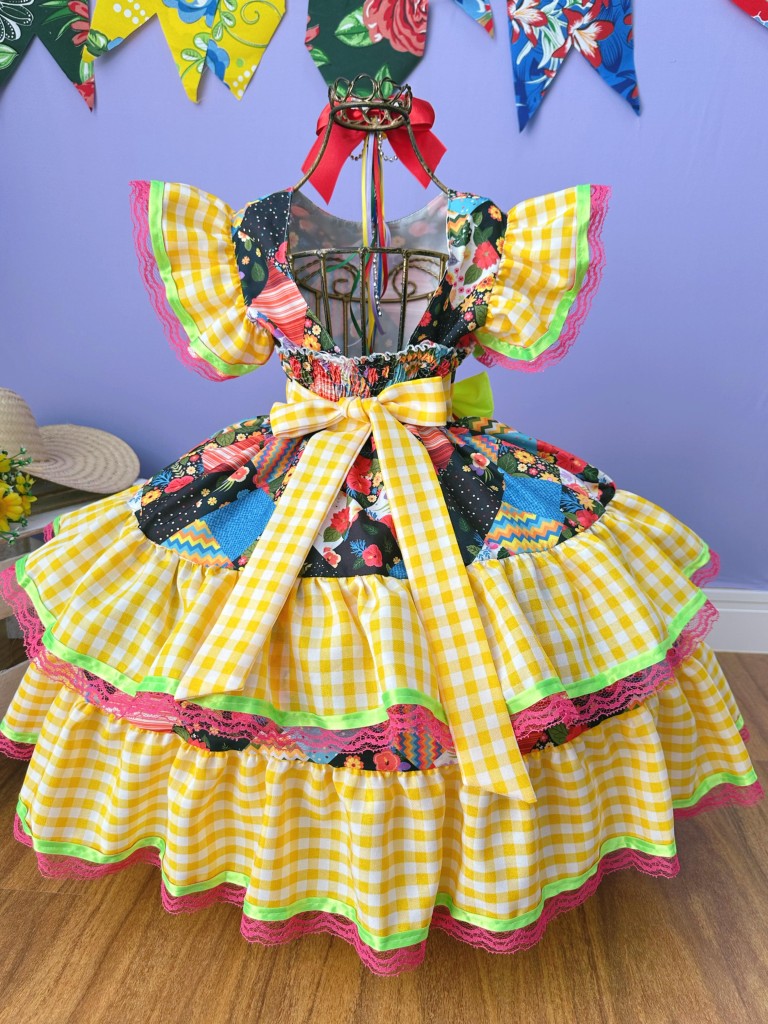 Vestido infantil de lujo Junino Arraiá con cuadros amarillos y coloridos