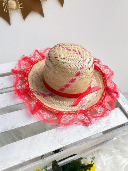 Sombrero Junino de Paja Infantil con Encaje Rojo Talla Única 06