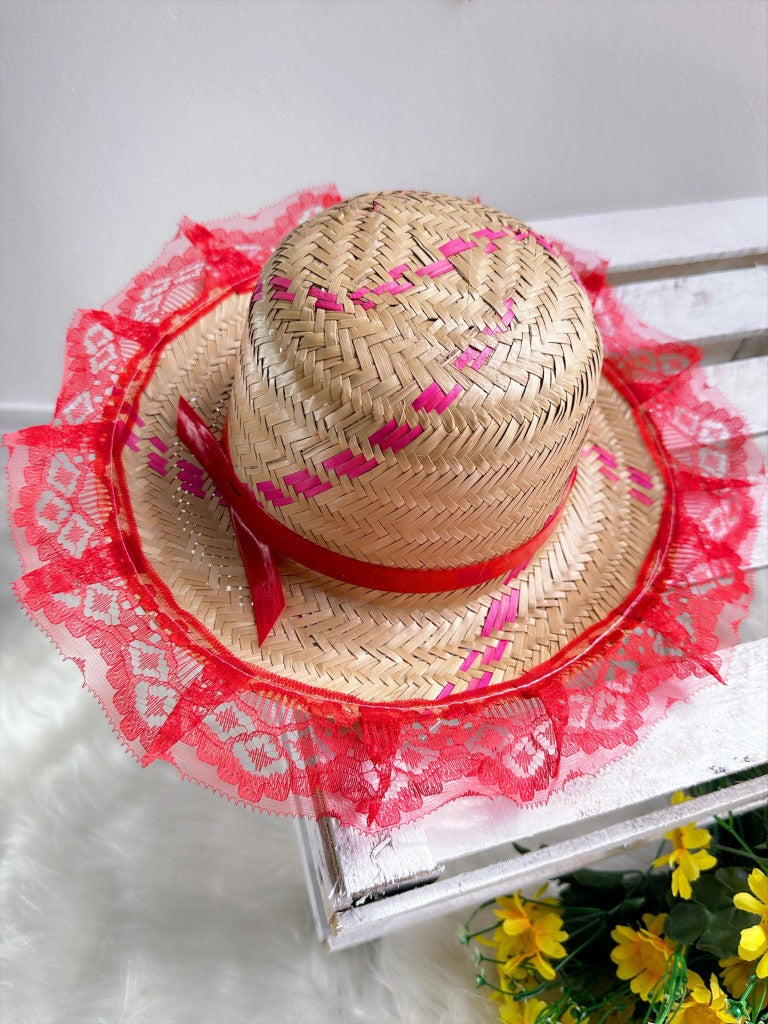 Sombrero Junino de Paja Infantil con Encaje Rojo Talla Única 06