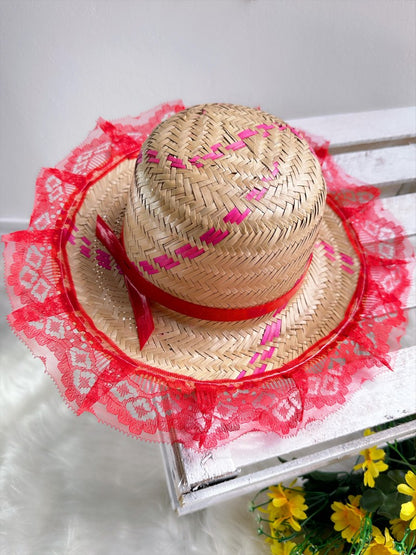 Sombrero Junino de Paja Infantil con Encaje Rojo Talla Única 06