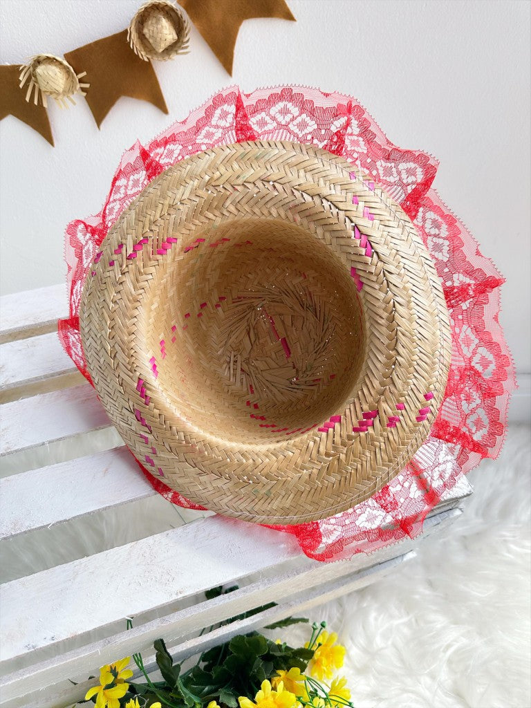 Sombrero Junino de Paja Infantil con Encaje Rojo Talla Única 06