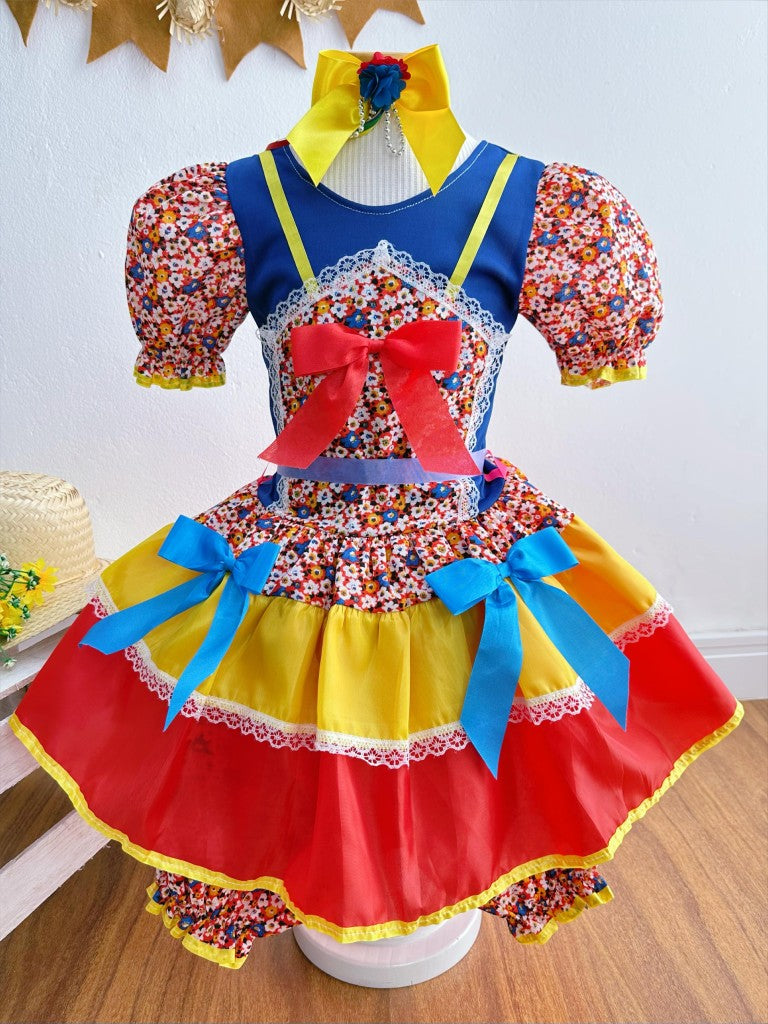 Disfraz infantil de junio rojo y azul con flores de colores 