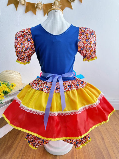 Disfraz infantil de junio rojo y azul con flores de colores 