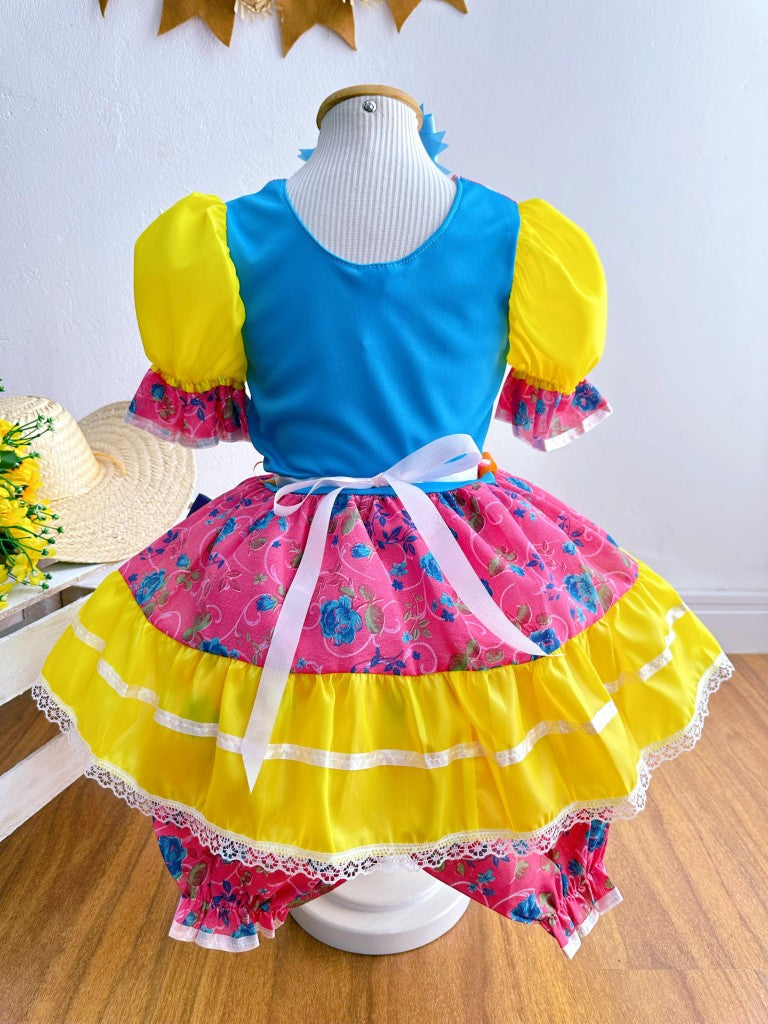 Vestido infantil de junio rosa y amarillo con flores de colores 