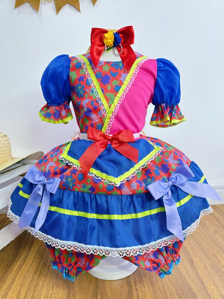 Vestido infantil de junio rojo y rosa con flores de colores 