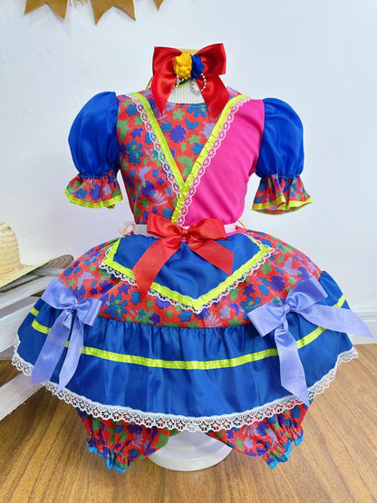 Vestido infantil de junio rojo y rosa con flores de colores 