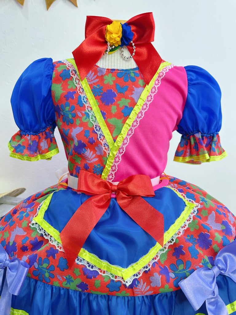 Vestido infantil de junio rojo y rosa con flores de colores 