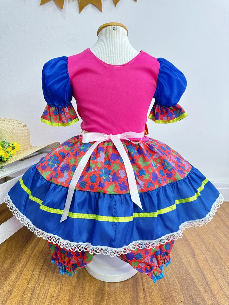 Vestido infantil de junio rojo y rosa con flores de colores 
