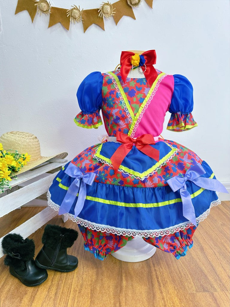 Vestido infantil de junio rojo y rosa con flores de colores 