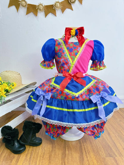 Vestido infantil de junio rojo y rosa con flores de colores 
