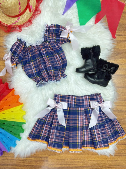 Conjunto infantil Junino Gypsy de cuadros coloridos en azul oscuro 