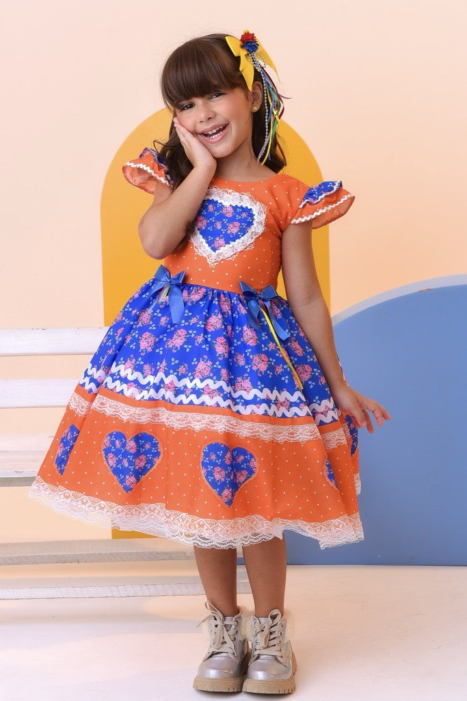 Vestido infantil naranja colorido para fiesta de junio