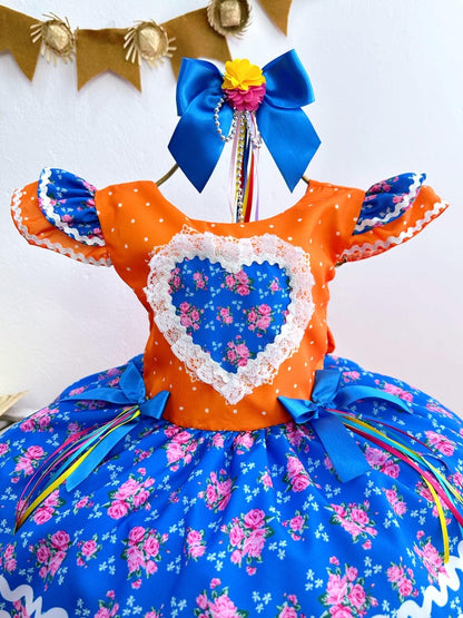 Vestido infantil naranja colorido para fiesta de junio