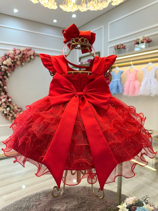 Vestido de bautizo rojo con falda de volantes de lujo