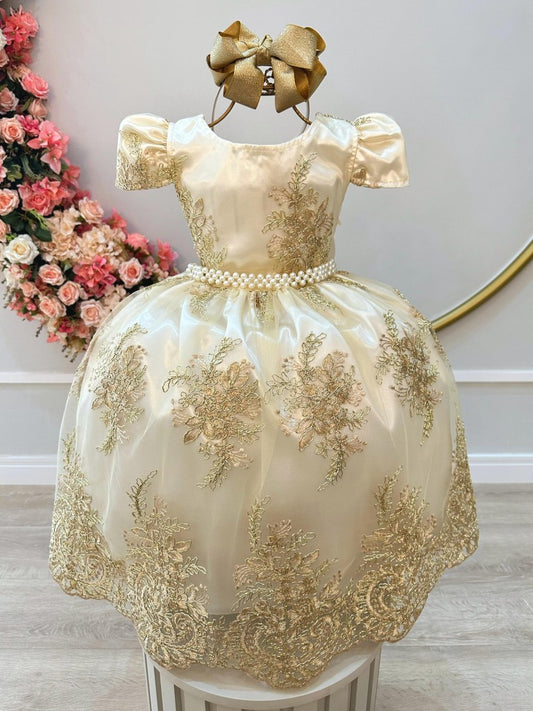 Vestido infantil color marfil con encaje dorado de la realeza para niñas de las flores 
