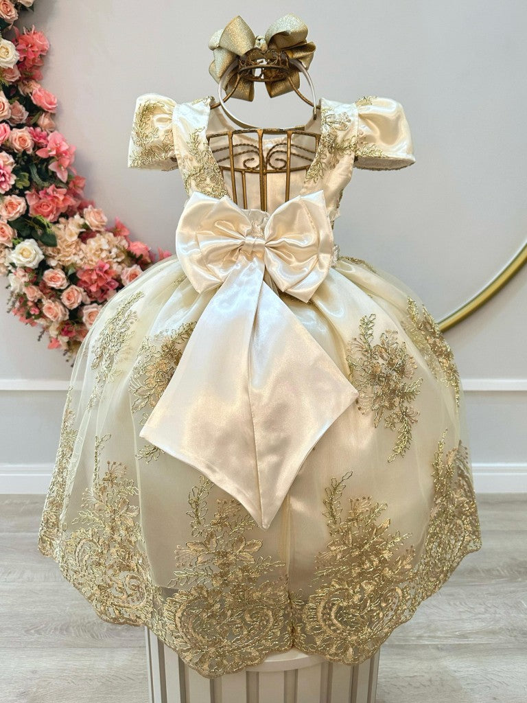 Vestido infantil color marfil con encaje dorado de la realeza para niñas de las flores 